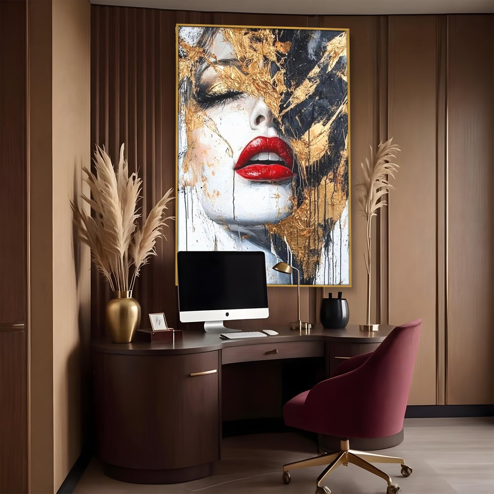 Tablou canvas cu tablou canvas cu chip de femeie si buze rosii, in rama de aluminiu auriu, pe perete intr-un birou
